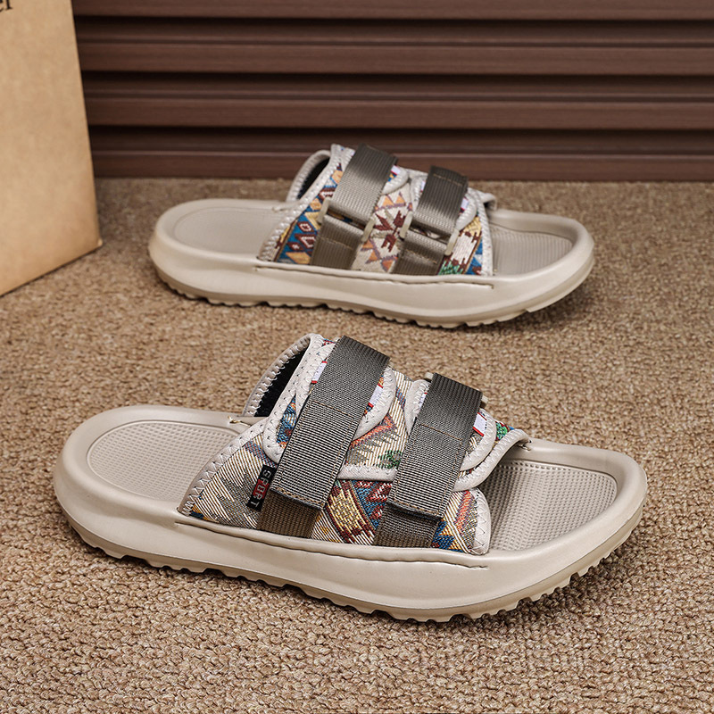 Pantuflas de velcro de tela verano nueva tendencia transpirable playa al aire libre ocio fondo plano pisando la mierda sandalias para hombres