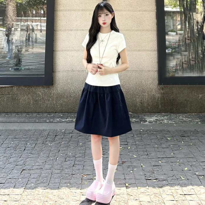 ネイビーブルー日本製スカート女性用2025春夏新作韓国風ハイウエストAラインスリムルーズミディスカートアンブレラスカート|undefined