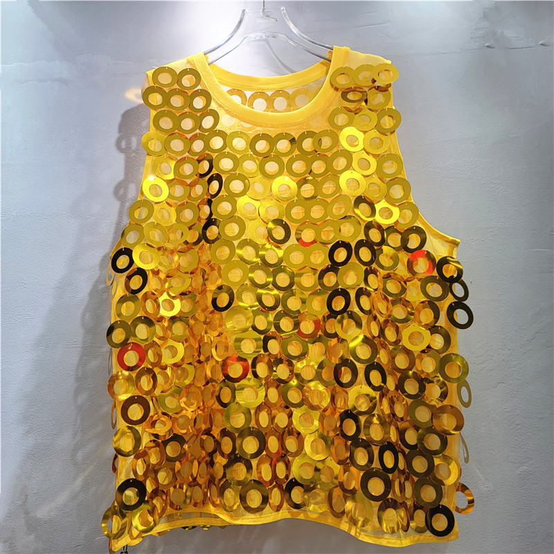 Europa y América nueva moda brillante gran chaqueta bordada blusa de malla temperamento francés delgado chaleco sin mangas para mujeres