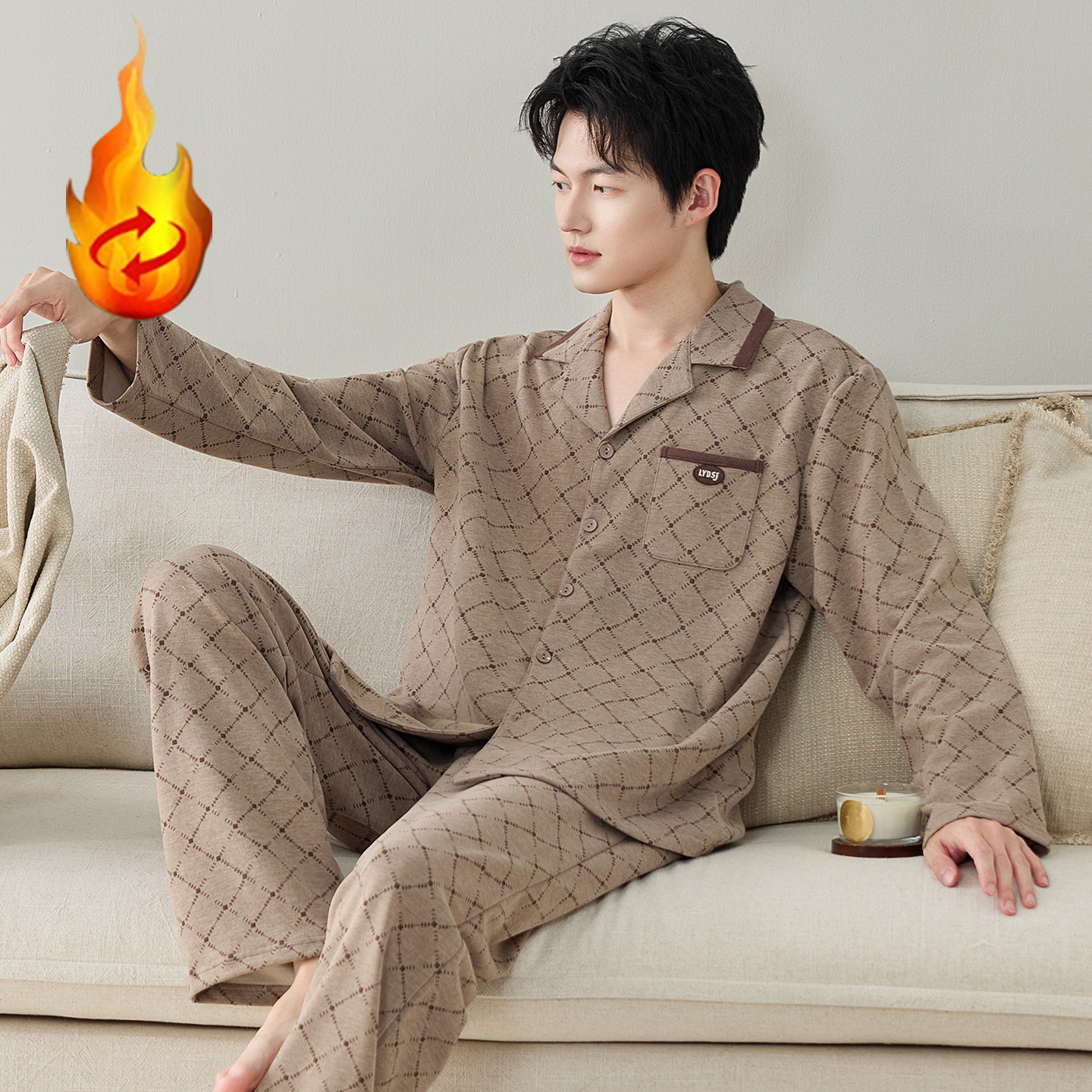 羊绒蚕丝睡衣男士秋冬季自发热德绒加厚休闲可外穿家居服男款套装