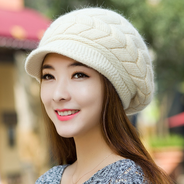 冬季保暖跨境贝雷帽女中老年加绒护耳毛线帽子时尚妈妈百搭针织帽