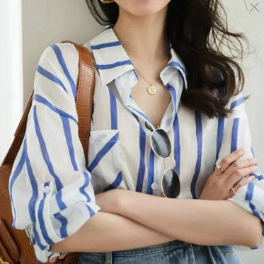 Retro versatile loose striped shirt 2025 spring and summer new design sense temperament sun protection top for women thin model