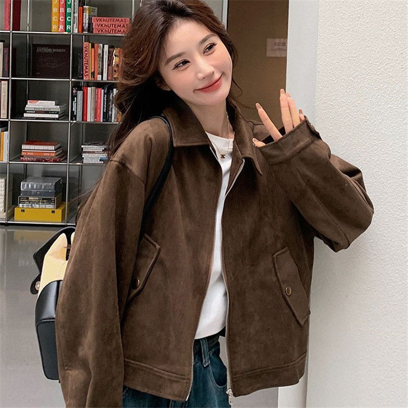 Coffee-Colored Melard Faux Suede Jacket for Women, 2025 Autumn New American Retro Short Jacket for Petite Figures