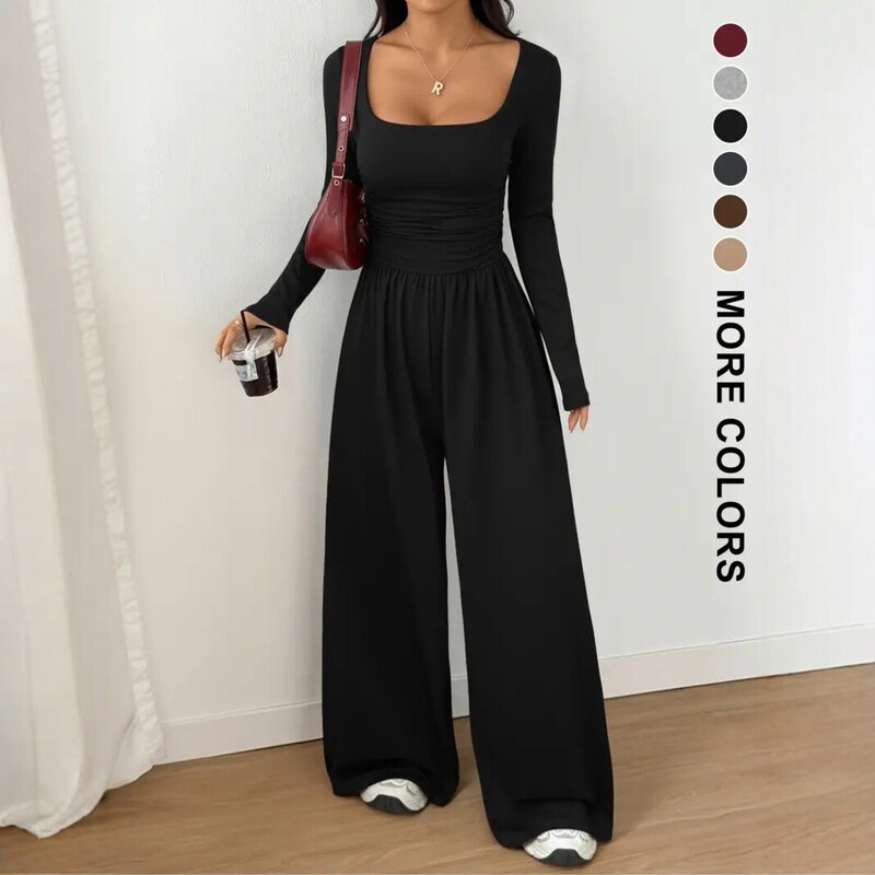 Amazon European and American Cross-Border New Long-Sleeve Women's Fashion Casual Wide-Leg Pants Simple Slim-Fit Solid Color Slimming Jumpsuit