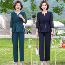中年妈妈夏装时尚套装洋气雪纺衫中老年女春夏装中袖上衣两件套