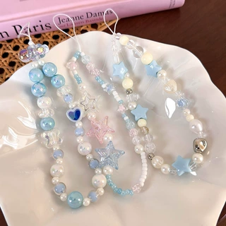 夏日海盐蓝星星手机链挂绳串珠ccd链条小清新手机挂饰防丢绳挂件