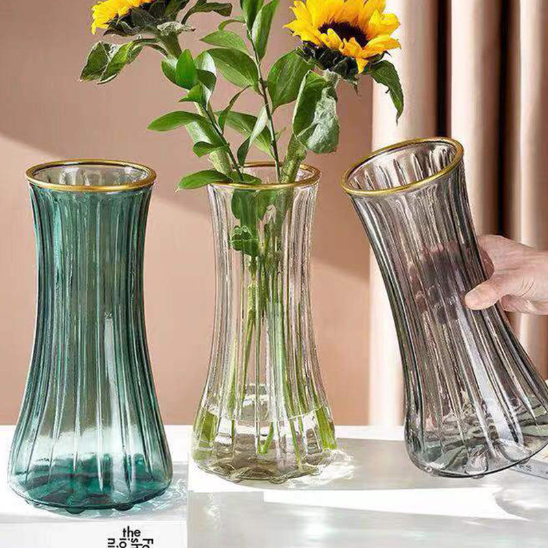欧式创意金边花瓶彩色透明条纹水培玻璃花瓶干花插花摆件厂家批发