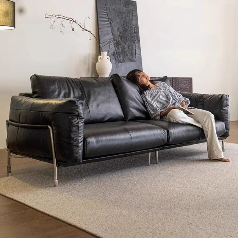 Dark Knight Normcore Mid-Century Style Sofa Three-Seater Black Sofa Italian Normcore Living Room Office Leather Sofa