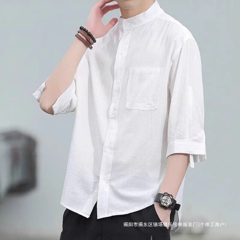 Japanese-Style Stand Collar Loose Shirt for Men 2025 Summer Cotton Linen Three-Quarter Sleeve Casual Shirt Thin Black Shirt Japanese-Style Stand Collar Loose Shirt for Men 2025 Summer Cotton Linen Three-Quarter Sleeve Casual Shirt Thin Black Shirt