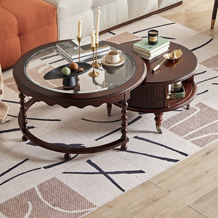 American Style Retro Round Solid Wood Coffee Table Combination Living Room Household Room Small Apartment High-grade Black Antique Tea Table