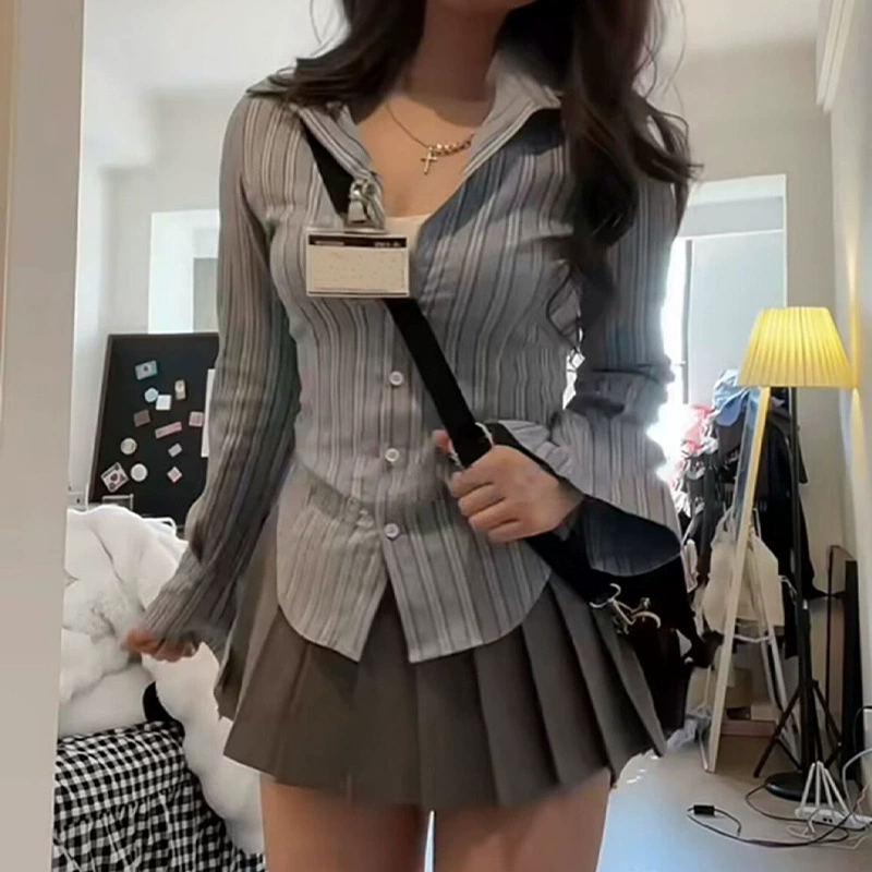 Униформа JK в стиле Американской Академии рубашка в полоску с талией для девочек Pure Desire Spice женский нишевый Топ с длинным рукавом