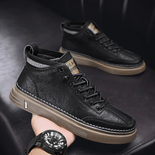 2024 new spring men's shoes spring work trend high-top sneakers casual leather shoes Martin boots versatile trendy shoes