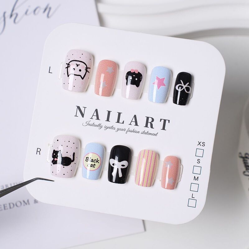 10-Piece Set of Trendy Tiktok Series Colorful Dopamine Kitten Bow Heart Wearable Nail Stickers Finished Product 10-Piece Set of Trendy Tiktok Series Colorful Dopamine Kitten Bow Heart Wearable Nail Stickers Finished Product