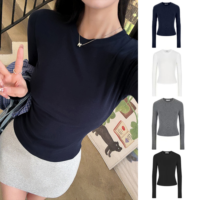 Autumn Spicy Girl Waist-Cinching Regular Shoulder Long-Sleeve T-Shirt for Women, Slim-Fit Early Autumn Base Shirt, Round Neck Top for Women, Slimming Inner Wear