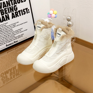 2024 Winter Snow Boots Women's New Cotton Boots Women's Velvet Thickened Leather Cotton Shoes Flat Heel Increased Warm Short Boots Women