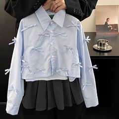 女童蝴蝶结衬衫春秋2025新款潮儿童休闲春装韩版女孩短款衬衣洋气