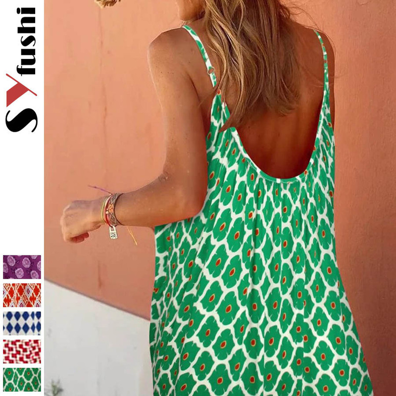 European and American Summer New Bohemian Holiday Style Ear Edge Girl Printed Sling V-neck Loose Dress
