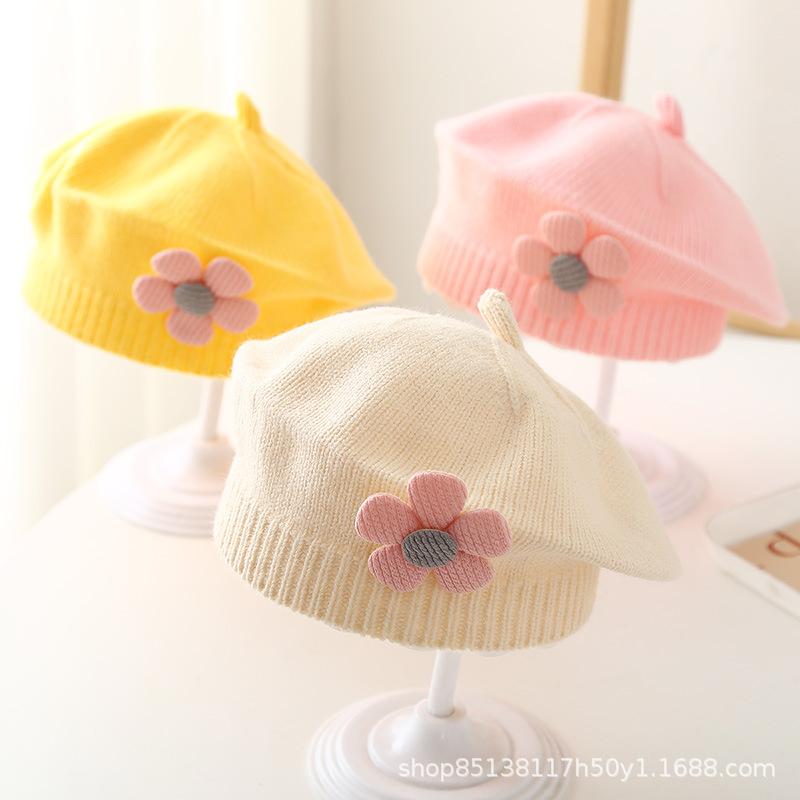 宝宝帽子秋冬季女婴儿可爱花朵贝雷帽儿童毛线帽女童针织画家帽潮
