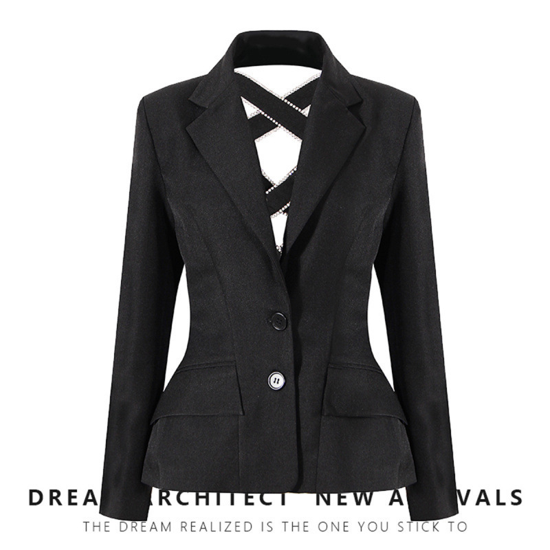 Unique Fashion Jacket for Women, Spring 2025 New Style, Back Cross Hollow Bow, Heavy Embellishment with Studs, Slim Fit Waist-Cinching Blazer