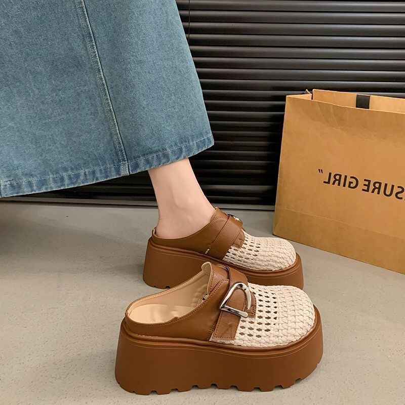 Popular thick-soled closed-toe mules for women, 2026 new summer breathable perforated shoes, woven Roman sandals for women Popular thick-soled closed-toe mules for women, 2026 new summer breathable perforated shoes, woven Roman sandals for women