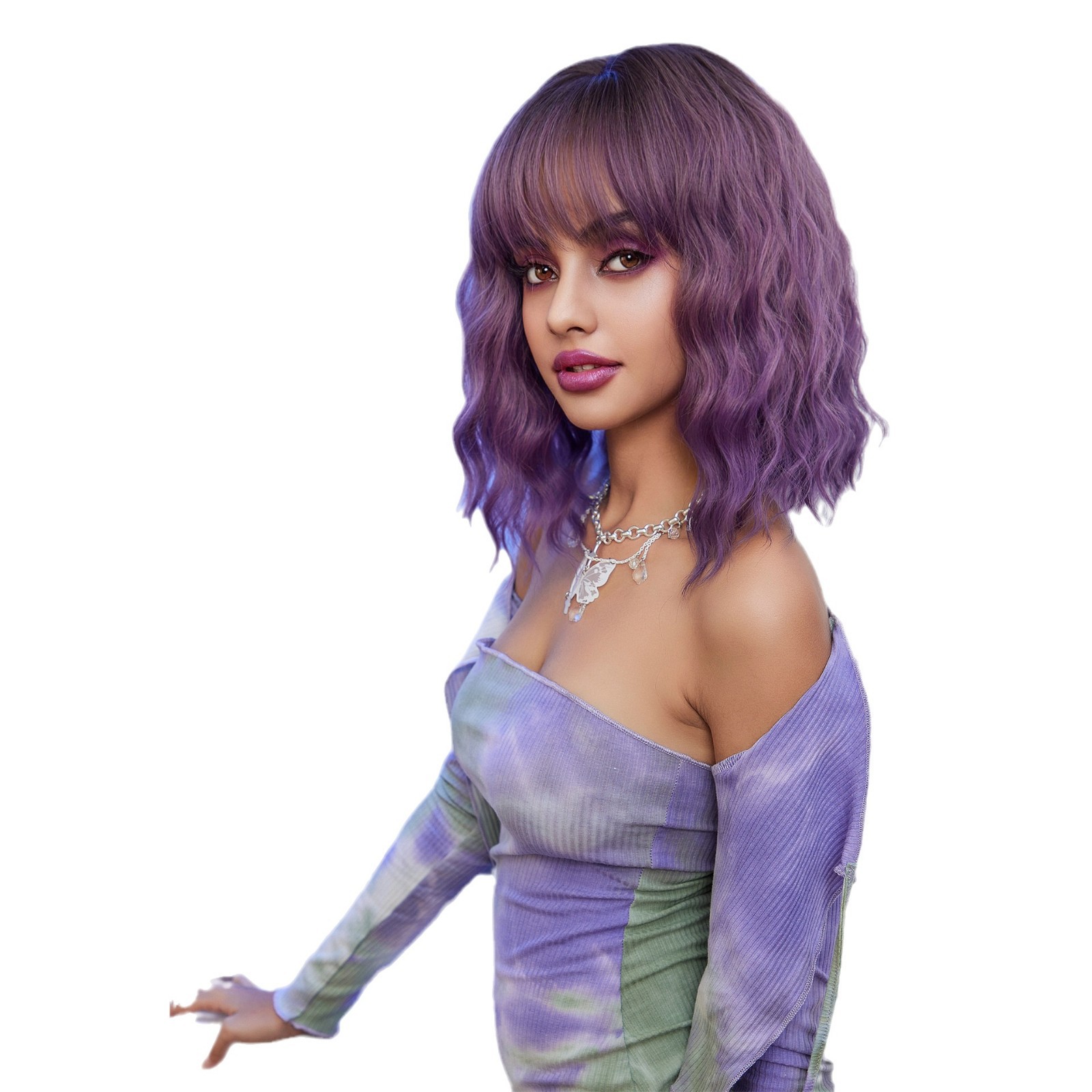 Nueva peluca transfronteriza de Amazon con flequillo, pelo corto y rizado morado, cabeza BOBO, tocado completo de seda de alta temperatura de fibra química europea y americana