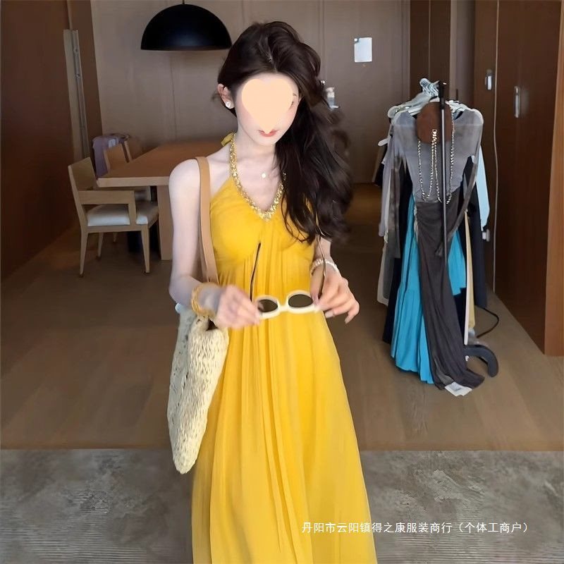 法式重工镶钻领挂脖连衣裙女夏季气质轻奢名媛感度假风长裙|undefined