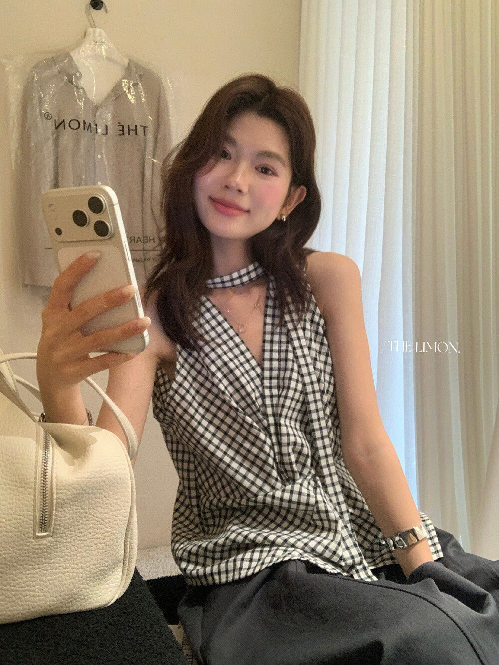 Áo hai dây nữ cổ V họa tiết kẻ caro phong cách Hàn Quốc — Trắng, Đen chi tiết 29