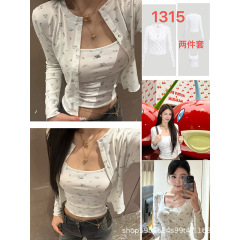 现货发！25SS早秋碎花修身两件套上衣纯欲风 T恤女