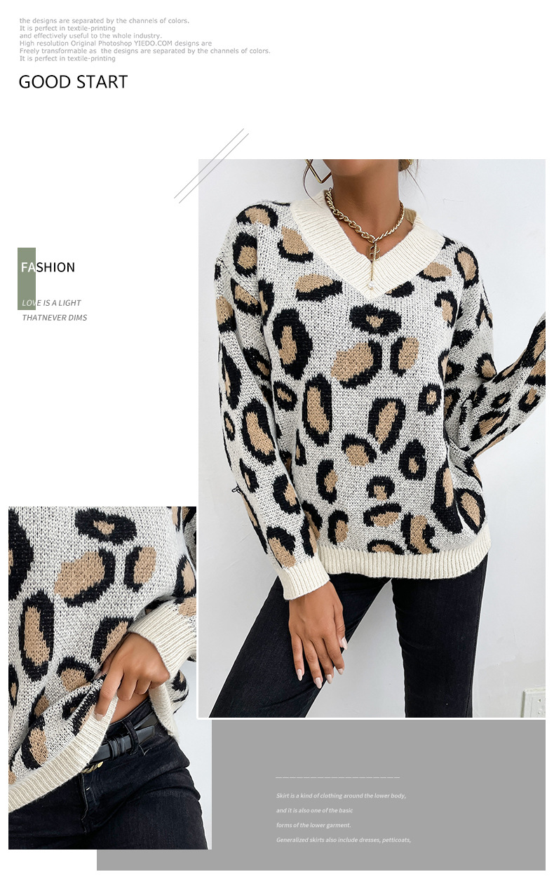 Maglione a maniche lunghe sciolto girocollo lavorato a maglia con stampa leopardata_voghion.com