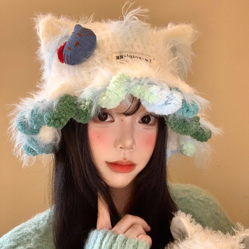 可爱卡通猫耳朵毛绒针织帽女秋冬季显脸小毛线帽大头围保暖帽子|undefined