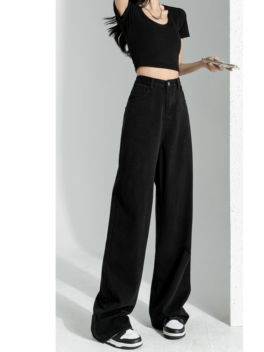 Women's High-Waisted Wide Leg Jeans Black Loose Fit Slimming Spring Style Korean Straight Leg Floor Length Trendy Fashionable_ecoleips.com