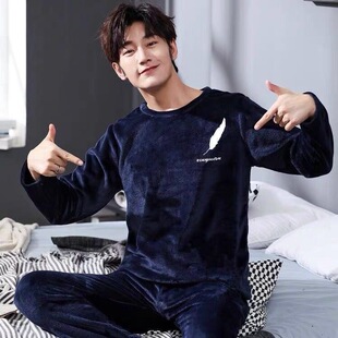 2023 men's pajamas autumn and winter coral fleece thickened cartoon flannel plus size student outdoor home wear suit