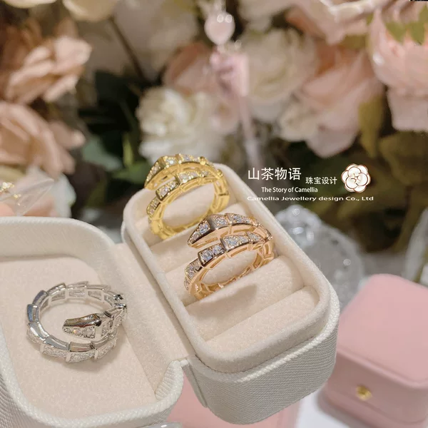 Camellia light luxury full diamond design plated 750 small snake ring diamond-embedded open snake bone all-match trendy female ring