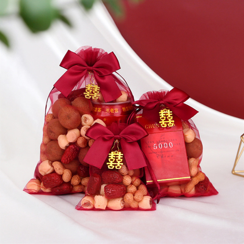 现货批发婚庆回礼袋红色束口袋蝴蝶结纱袋结婚喜糖袋喜糖盒子