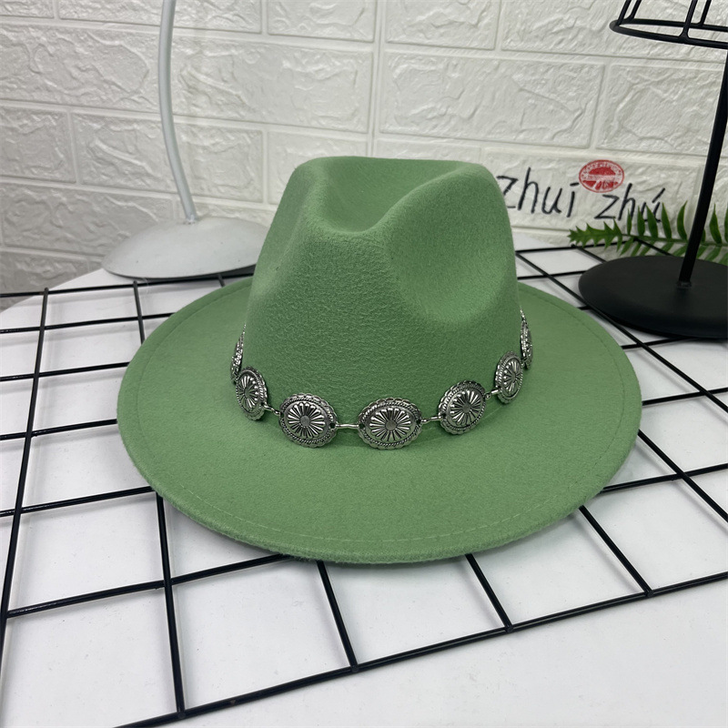 Sombrero de lana europeo y americano sombrero de fieltro de estilo británico decoración de cadena ovalada AliExpress sombrero de jazz borde plano sombrero superior para hombres