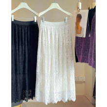 两面穿拼接蕾丝镂空半身裙女25秋冬新款高腰中长裙A字丝绒百褶裙