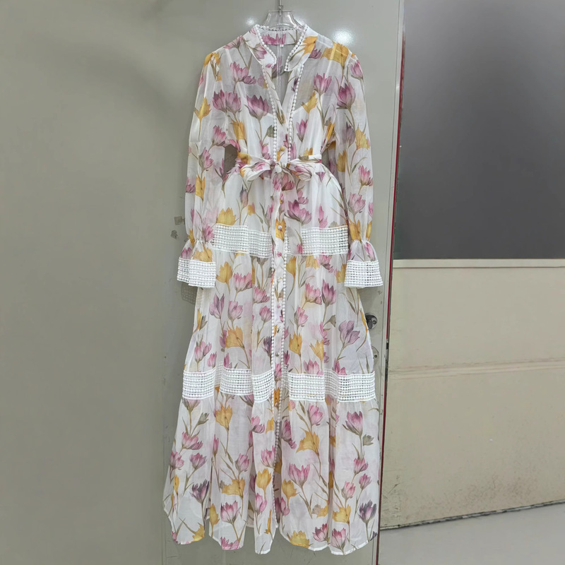 2025春秋新欧美亚马逊时尚印花 花边拼接长袖气质腰带轻奢连衣裙|undefined