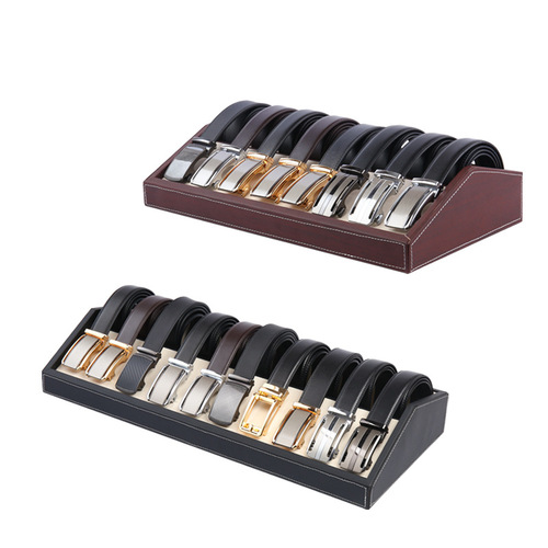New PU leather wooden belt storage display box for clothing stores, multi-compartment belt display rack, belt display stand
