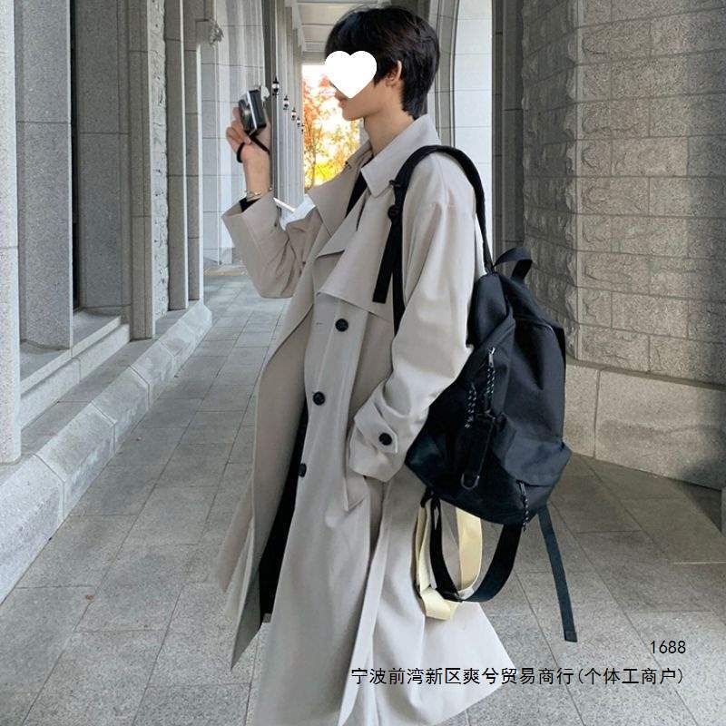 Korean style trench coat for men, spring and autumn, double-breasted, over-the-knee, British style, mid-length, loose fit, cool and stylish.
