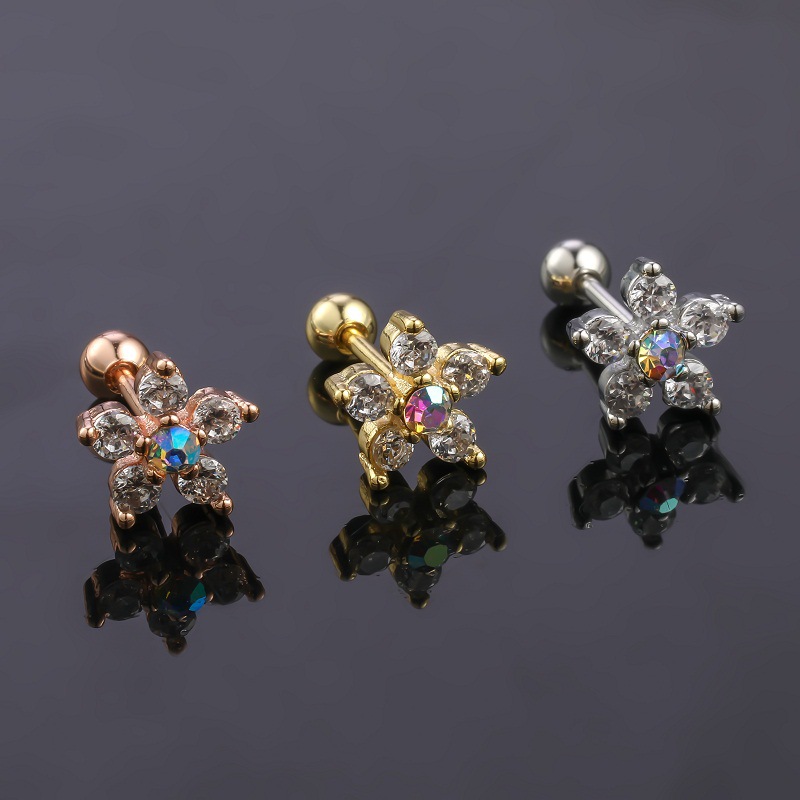 Stainless Steel Flower Stud Earrings For Men With Stone Inlay_voghion.com