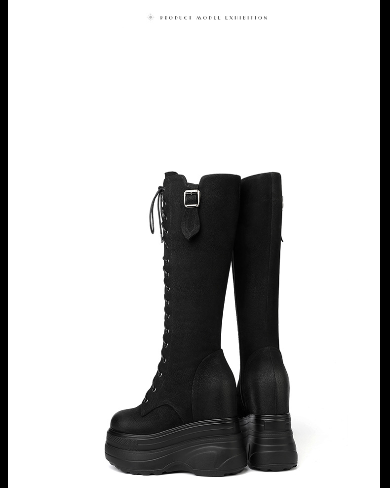 Boot Martin nữ tăng chiều cao đế dày 14 cm, phong cách thu đông — Màu đen lót nhung chi tiết 11