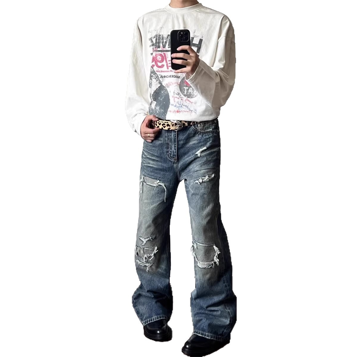 Men's Distressed Washed Denim Jeans With Rip & Frayed Details, Loose Fit Straight Leg Pants, Vintage Streetwear Style For Casual Wear_mkmklike.com