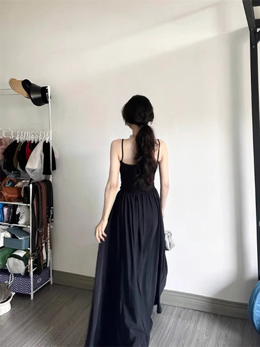 Elegant Black Strap Dress for Women - Summer French Hepburn Gentle Style Beach Vacation - Very Stylish Long Dress