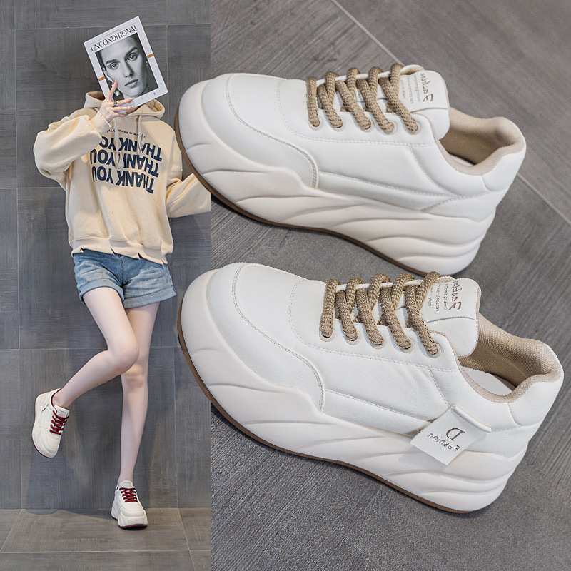 2024 Winter New Casual Comfortable Bread Shoes Thick Sole Height Increasing Lace Small White Shoes Fashion fleece-lined Shoes Women's Shoes