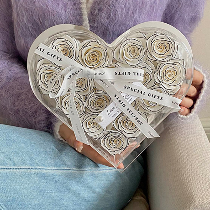 Rosa eterna de flores reales con temática de amor, producto terminado en caja de regalo acrílica, un regalo de alta gama para novia en el Día de San Valentín chino.