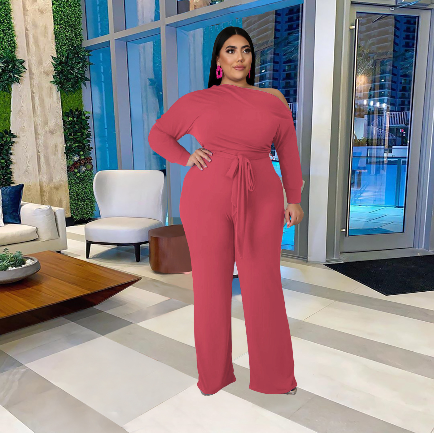 women s plus size solid color strappy shoulder T-shirt flared pants suit nihaostyles clothing wholesale NSBMF80099