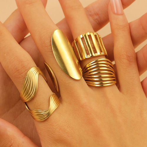 Eurasian Cross-Border 18K Real Gold Stainless Steel Ring for Women - High-End Color Block Water Droplet Lava Geometric Ring