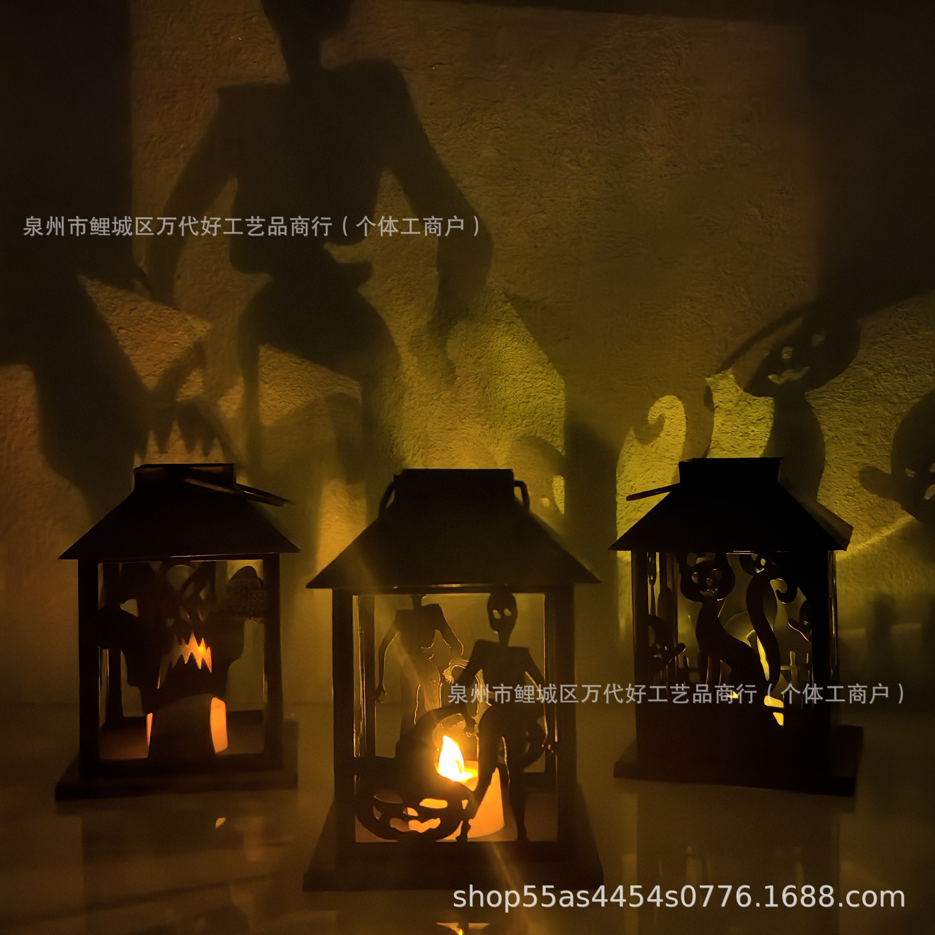万圣节铁艺风灯摆件 节日派对LED骷髅头灯笼场地布置道具 蜡烛灯