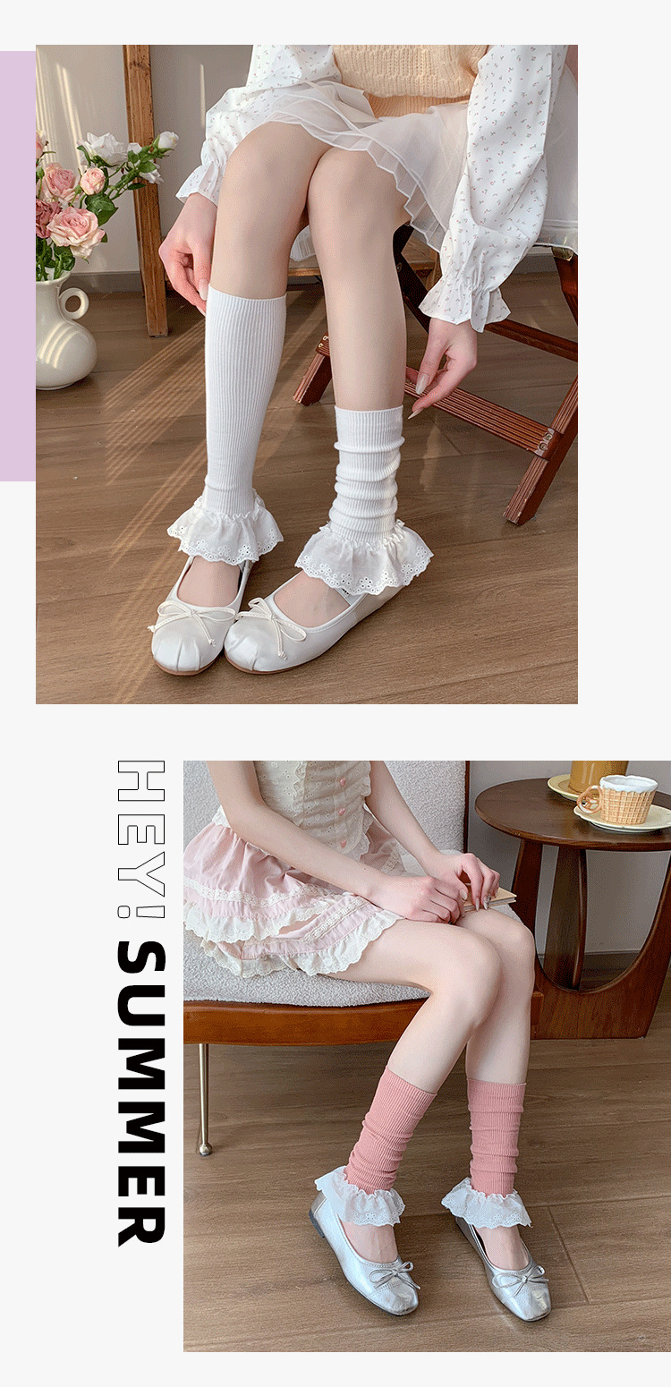 Scaldamuscoli Bootshang Calzini in cotone per donna con doppio ago in pizzo in tessuto a metà tubo Lolita con risvolto in pile Scaldamuscoli svasati in stile balletto dolce_voghion.com