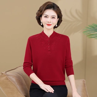 【100%纯羊毛】妈妈毛衣女装厚款中老年针织羊毛衫上衣秋冬打底衫